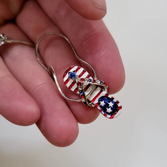 Patriotic Flip Flop Pendant Necklace Red White Blue Rhinestones On Silver Chain - Picture 7 of 10